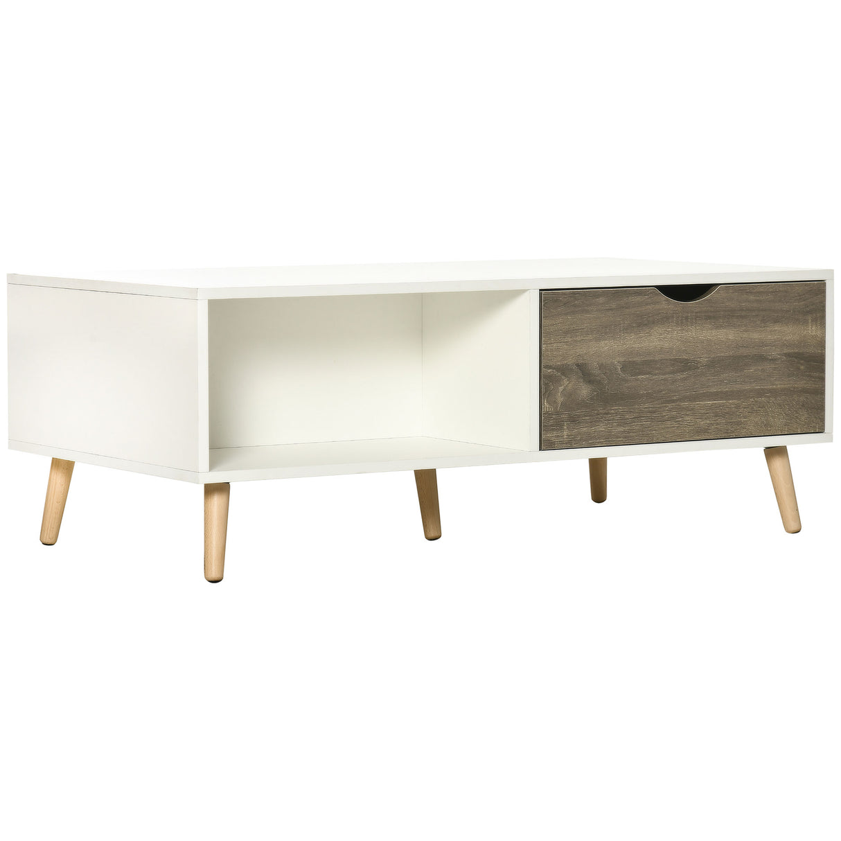 Wooden Coffee Table Rectangular With Open Shelves And 2 Drawers - Velmora