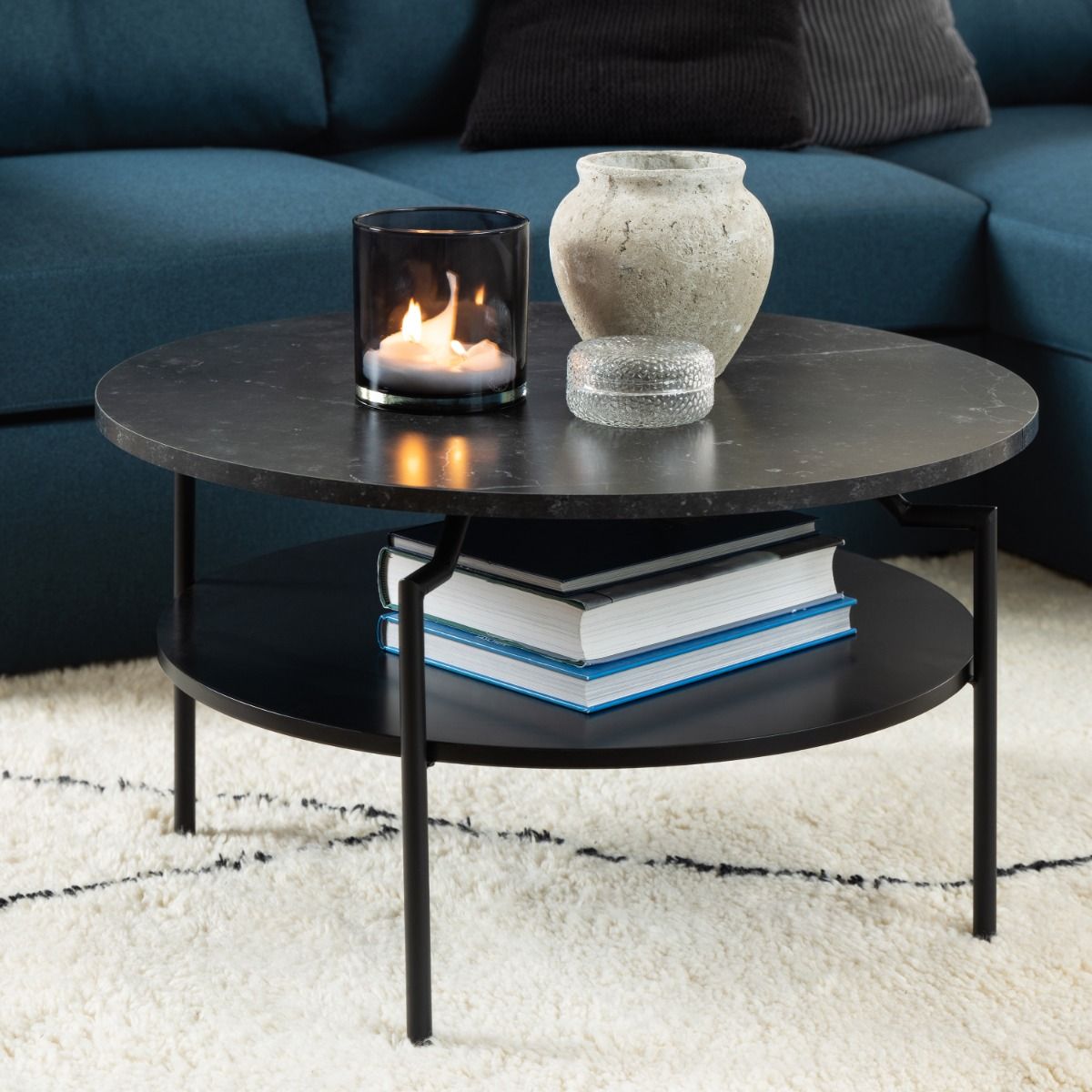Wooden Coffee Table Round With Under Shelf - Goldington