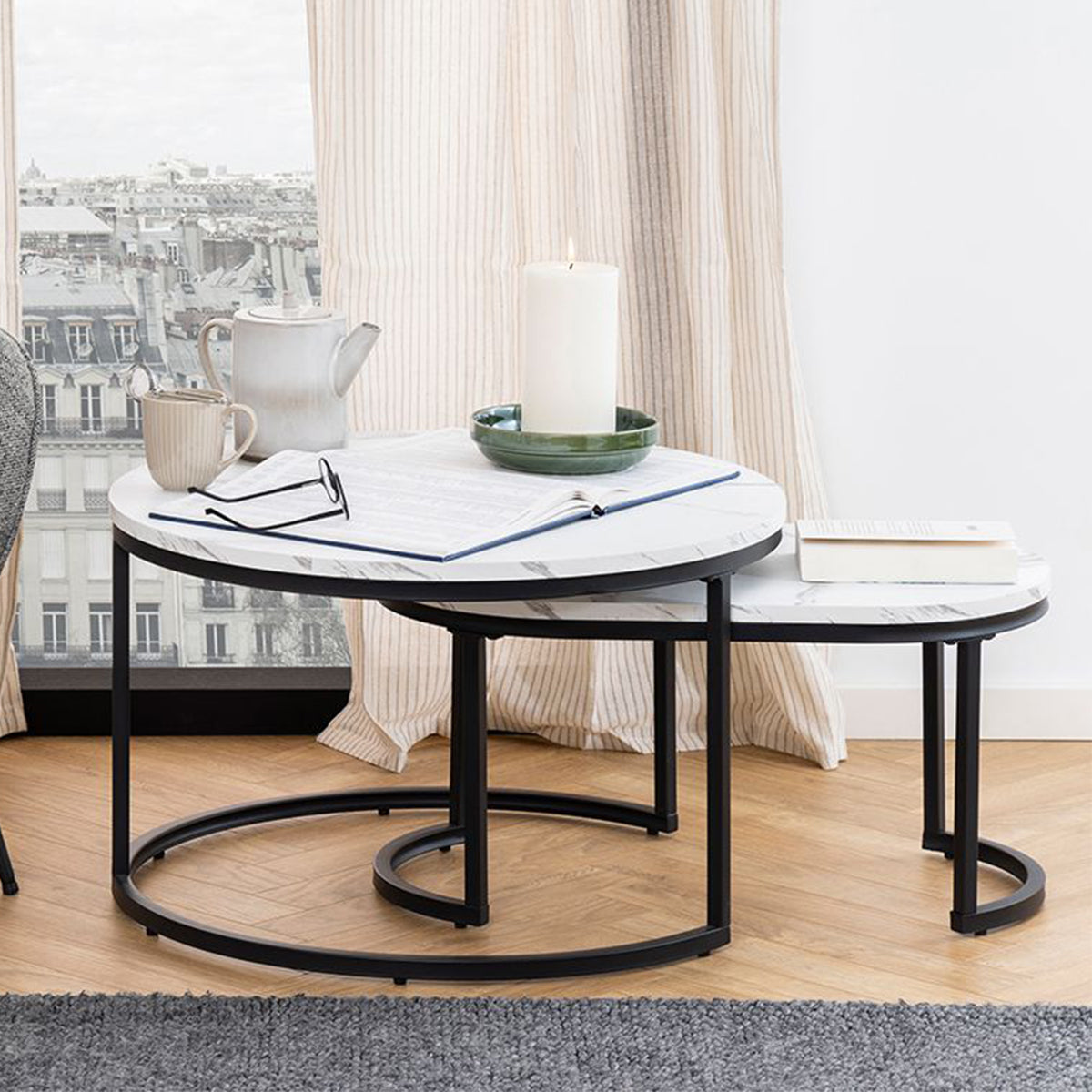 Wooden Coffee Table Set of 2 in Marble Effect - Spiro