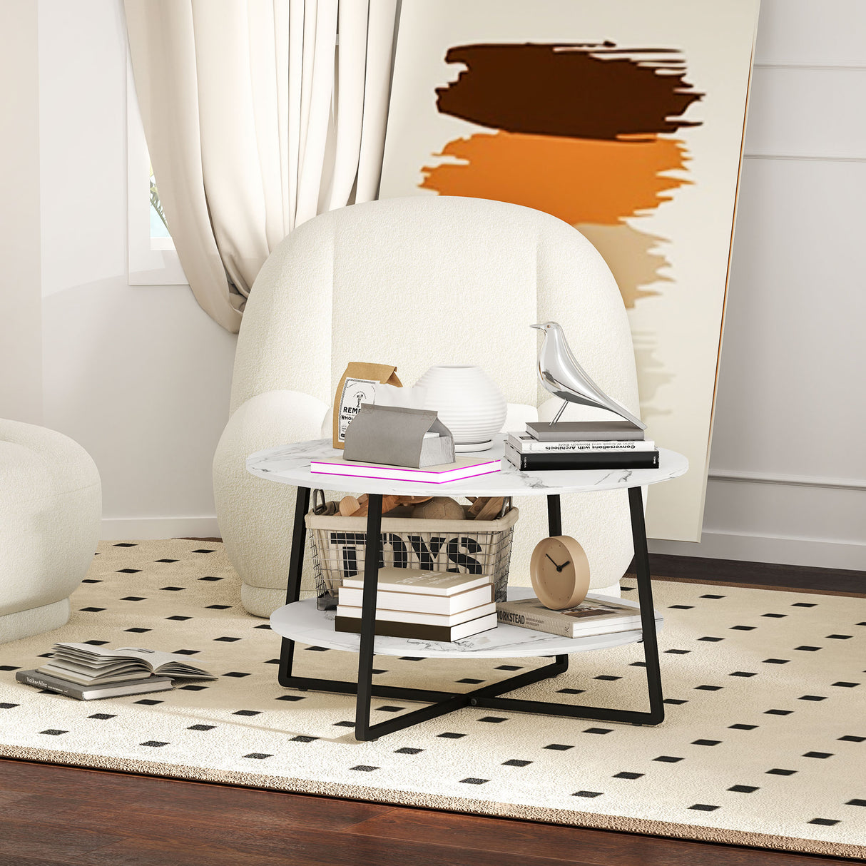 Wooden Coffee Table With Under Shelf in Marble Effect - Velmora