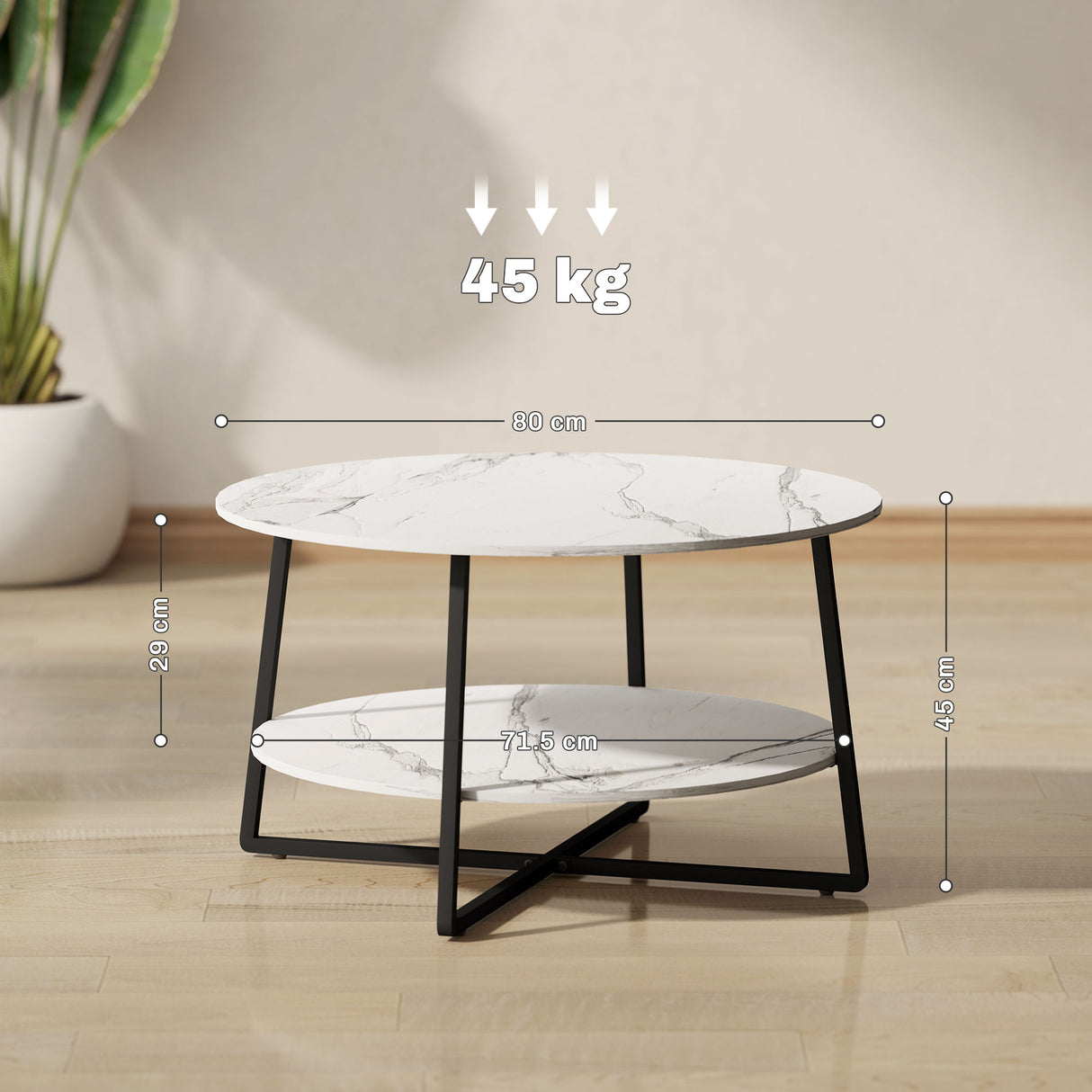 Wooden Coffee Table With Under Shelf in Marble Effect - Velmora