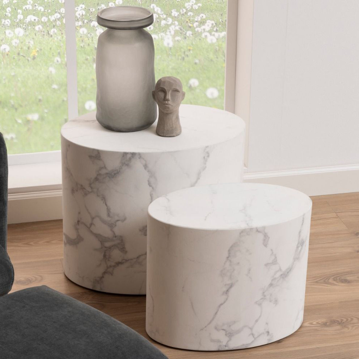 Wooden Coffee Tables in Set Of 2 Oval With Marble Marquina Effect - Mice