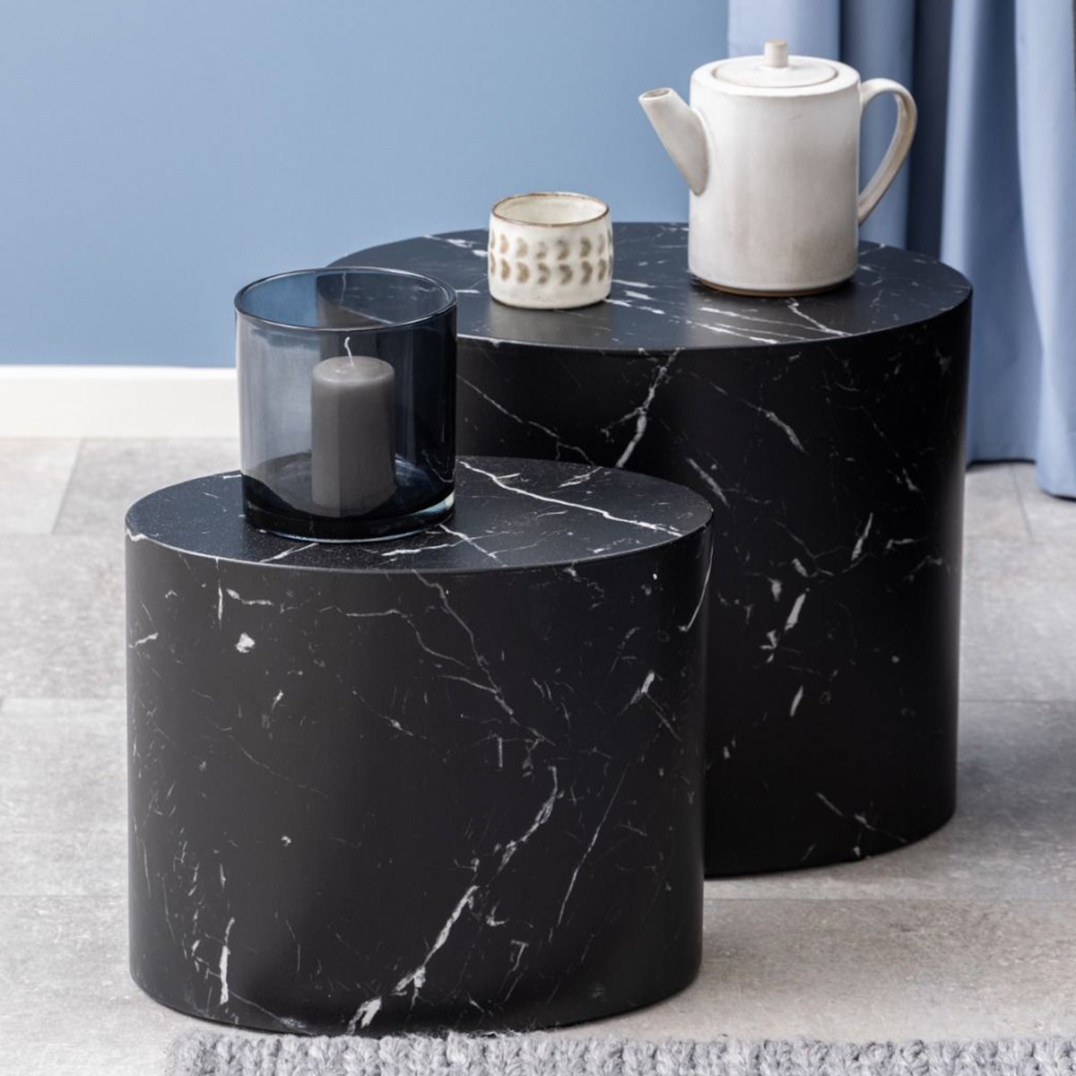 Wooden Coffee Tables in Set Of 2 Oval With Marble Marquina Effect - Mice