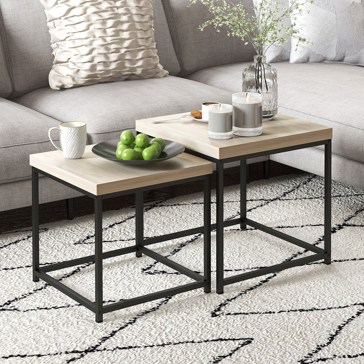 Wooden Coffee Tables Square in Set of 2 With 3.5cm Thick Table top - Velmora