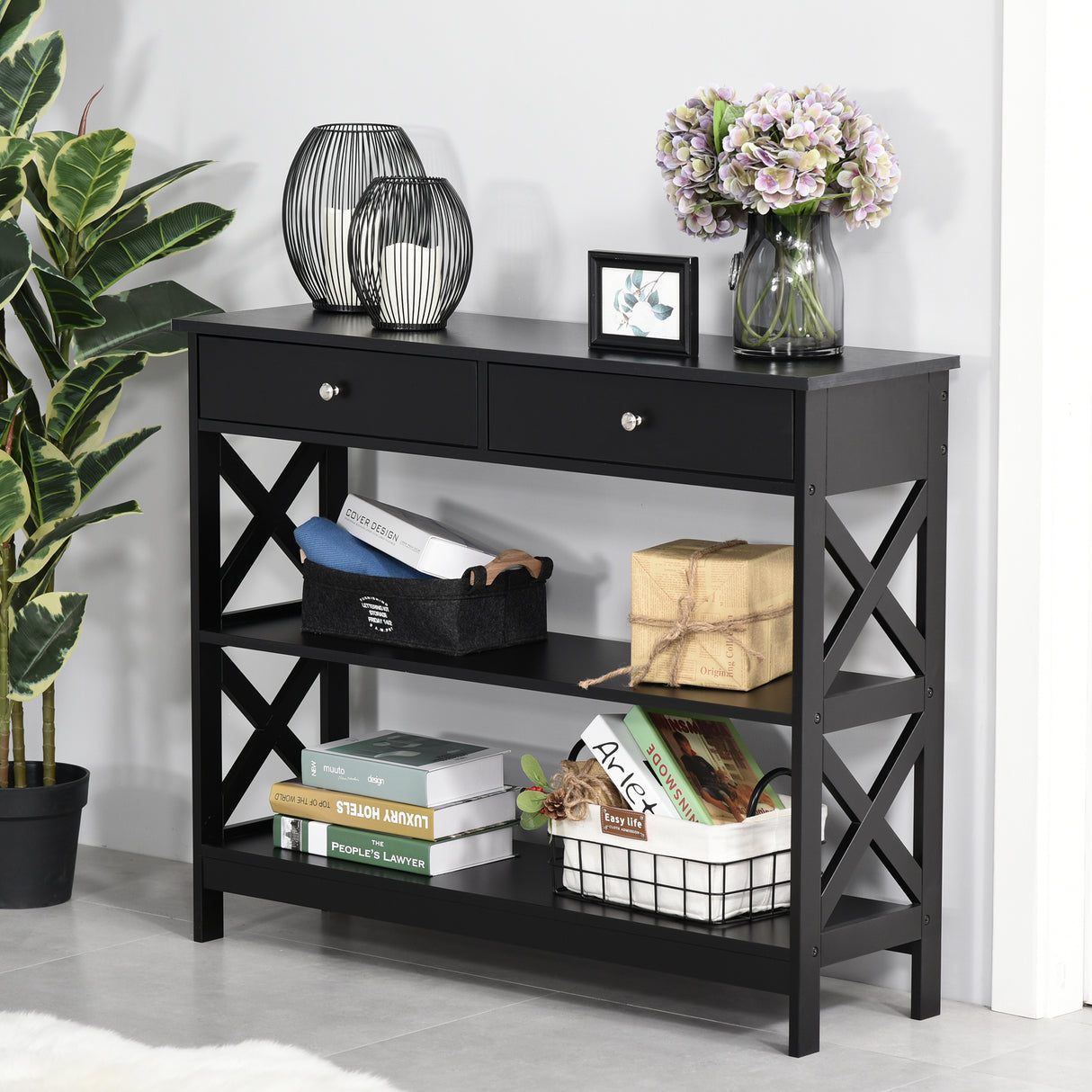 Wooden Console Table 100cm Wide With 2 Drawers And 2 Shelves - Velmora