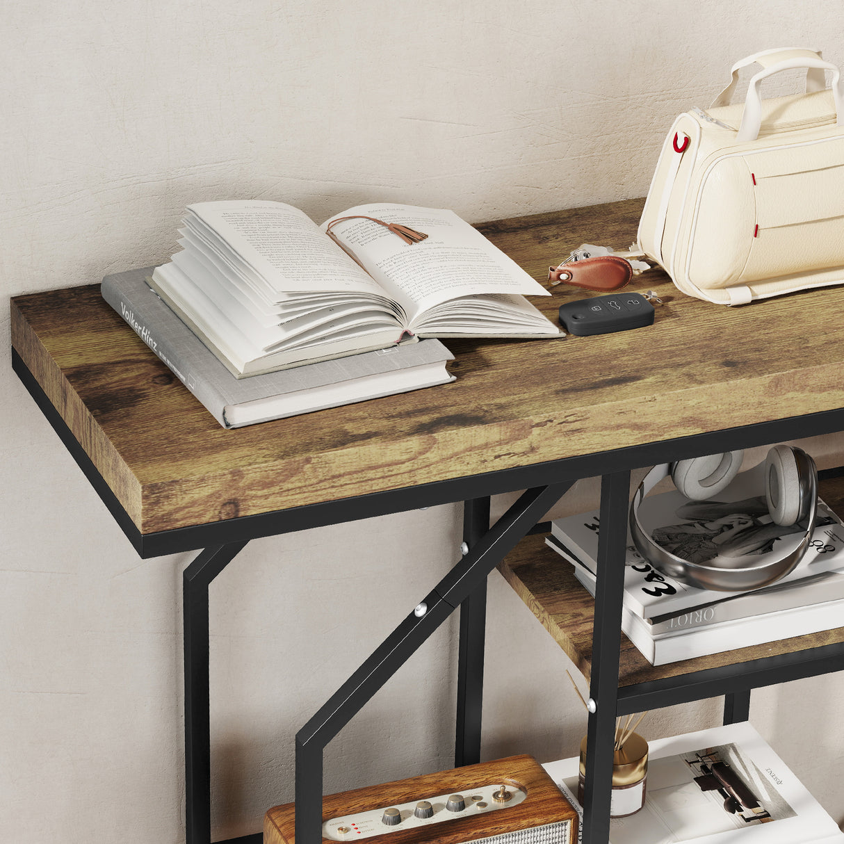 Wooden Console Table 100cm Wide With Black Steel Frame - Velmora