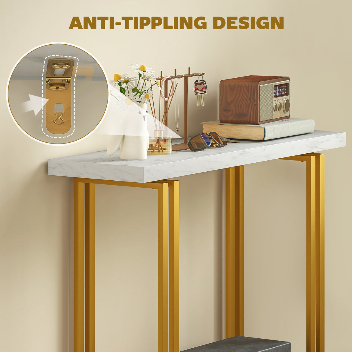 Wooden Console Table 100cm Wide With Gold Steel Frame - Velmora
