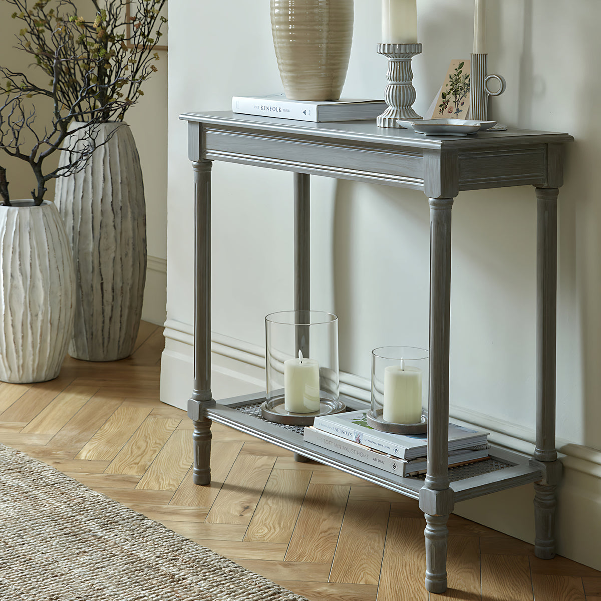 Wooden Console Table 80cm Wide With Rattan Shelf - Serene
