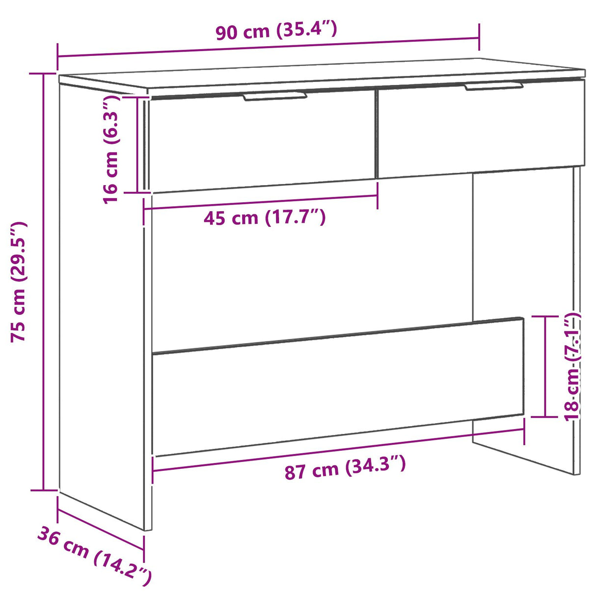 Wooden Console Table 90cm Wide With 2 Drawers - Vantage Home