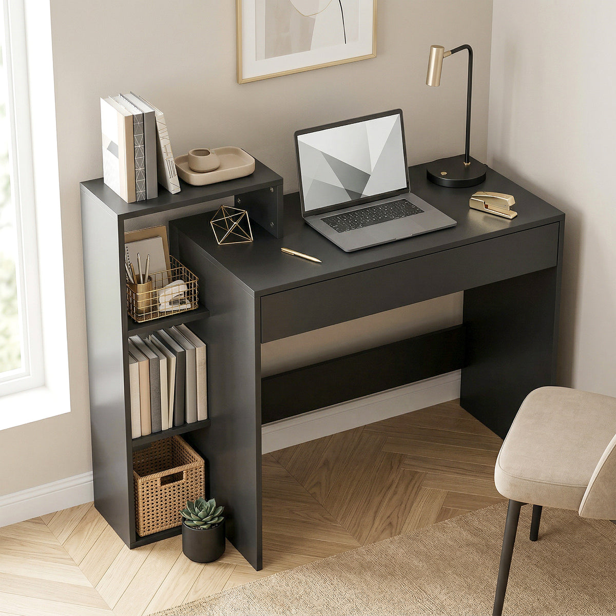 Wooden Desk 100cm Wide With 1 Drawer And 3 Shelves - Velmora