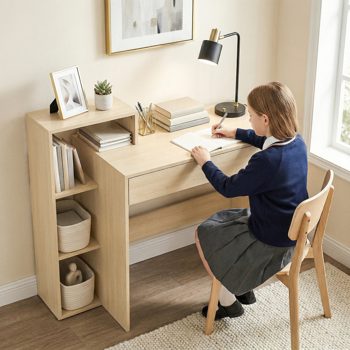 Wooden Desk 100cm Wide With 1 Drawer And 3 Shelves - Velmora