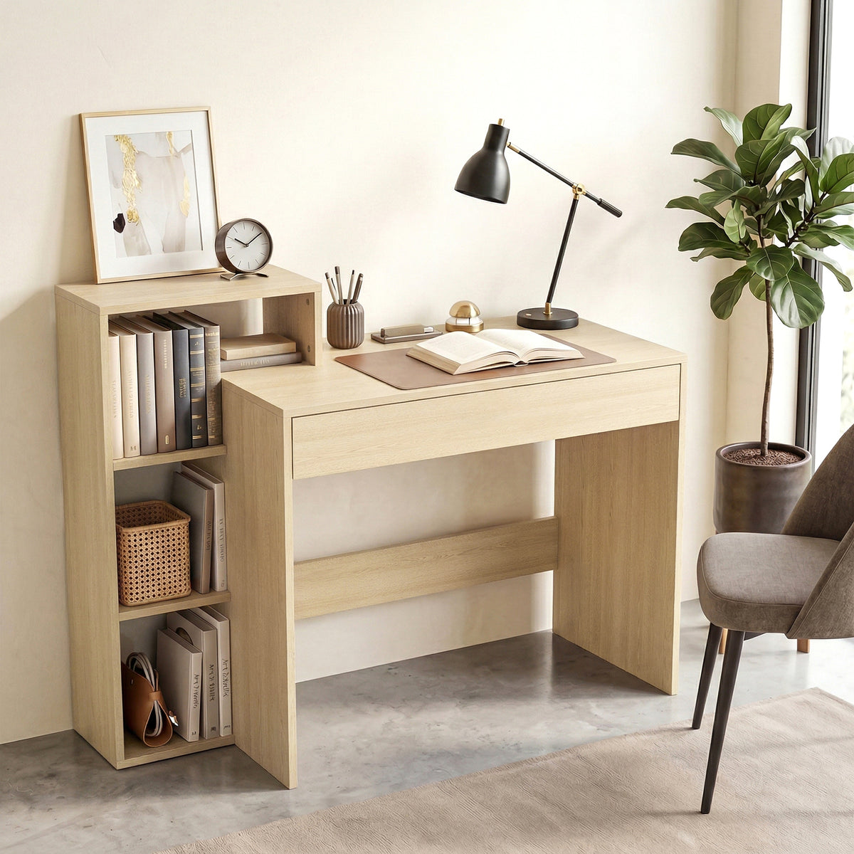 Wooden Desk 100cm Wide With 1 Drawer And 3 Shelves - Velmora