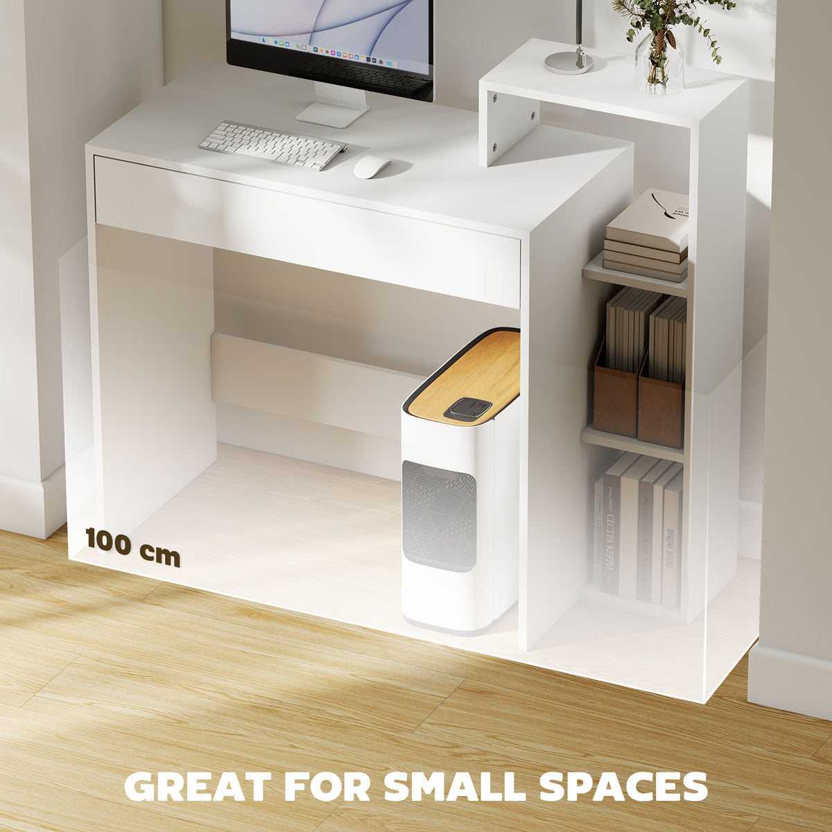 Wooden Desk 100cm Wide With 1 Drawer And 3 Shelves - Velmora