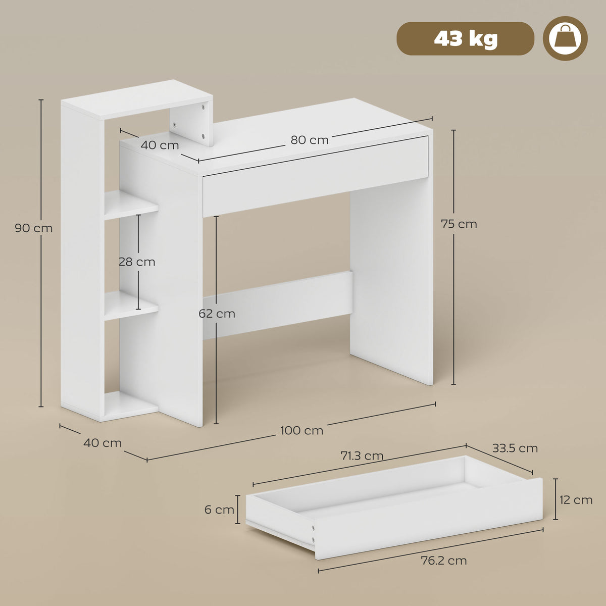 Wooden Desk 100cm Wide With 1 Drawer And 3 Shelves - Velmora