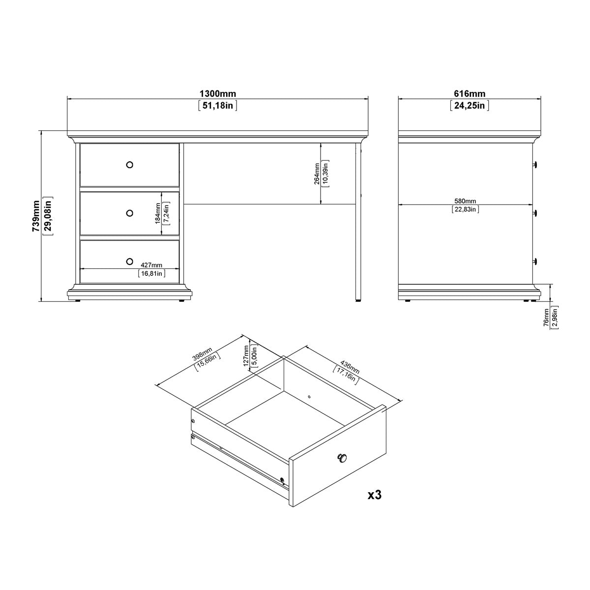 Wooden Desk for Home And Office With 3 Drawers - Paris