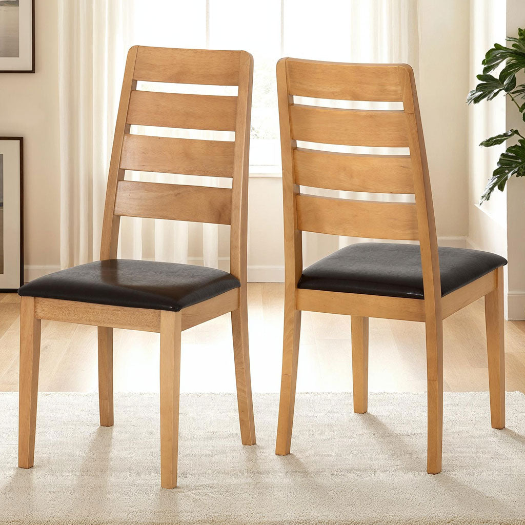 Wooden Dining Chairs With Faux Leather Seat in Set Of 2 - Logan