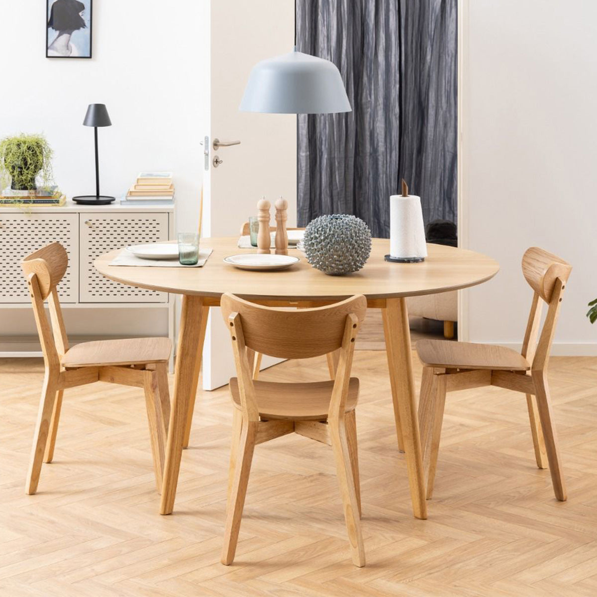 Wooden Dining Table 105cm Wide Round With 4 Roxby Dining Chairs - Roxby