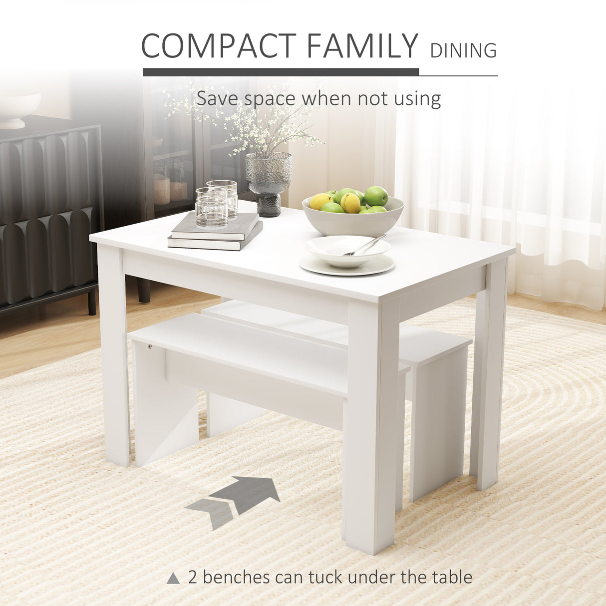 Wooden Dining Table 110cm Wide Rectangular With 2 Benches - Velmora