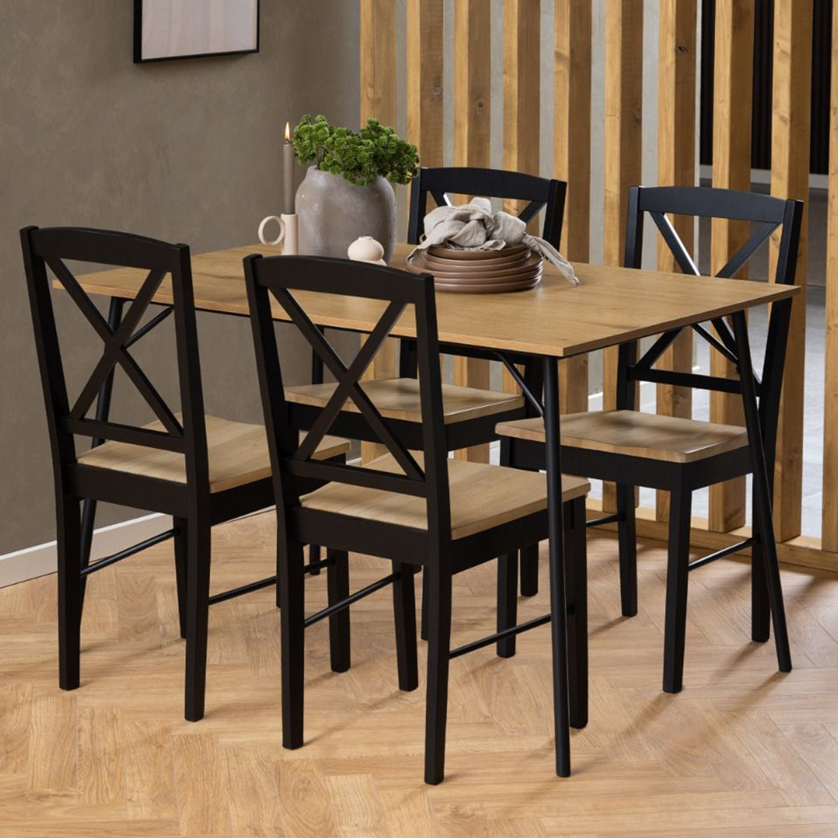 Wooden Dining Table With 4 Elvira Black Dining Chairs - Peru