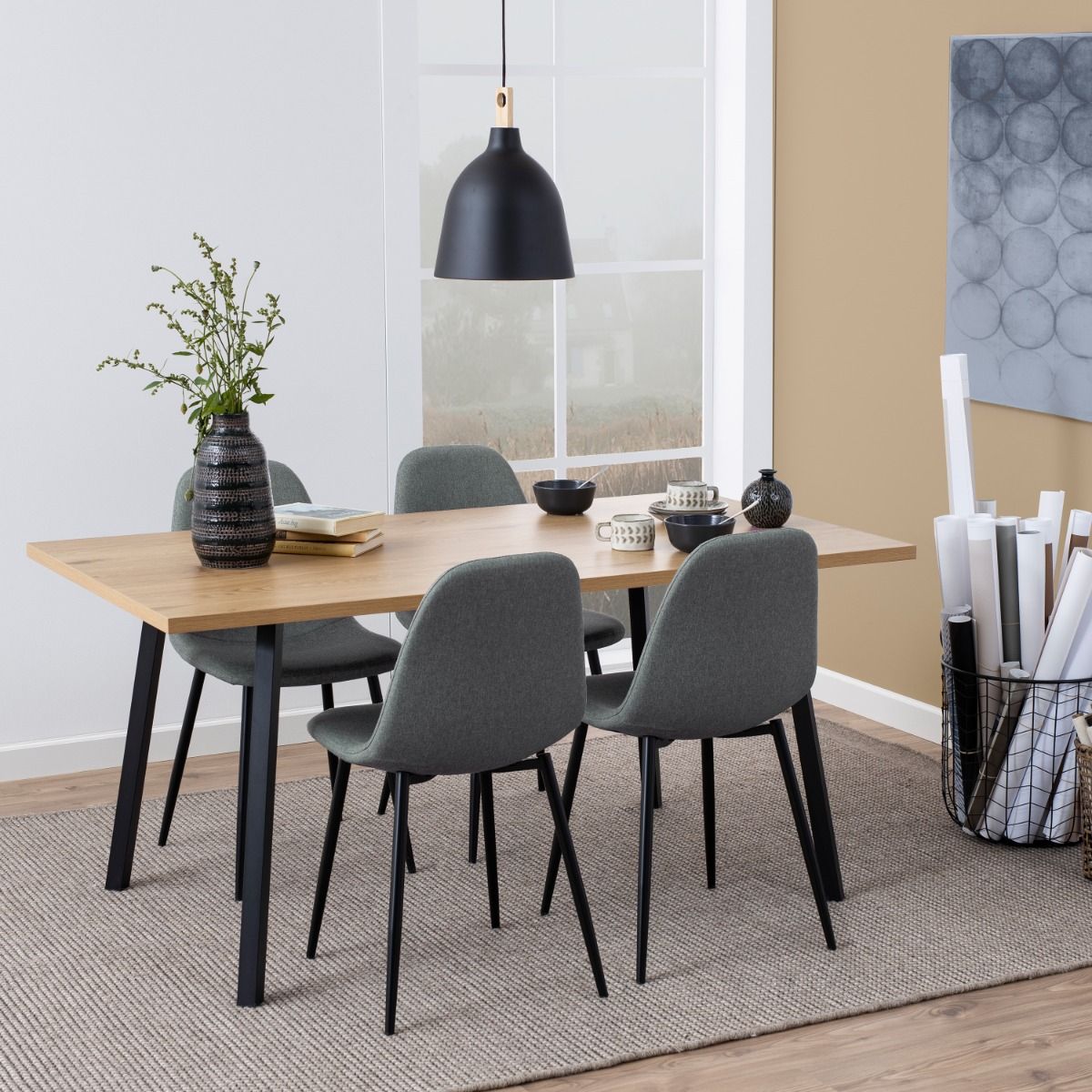 Wooden Dining Table With 4 Wilma Light Grey Dining Chairs - Cenny