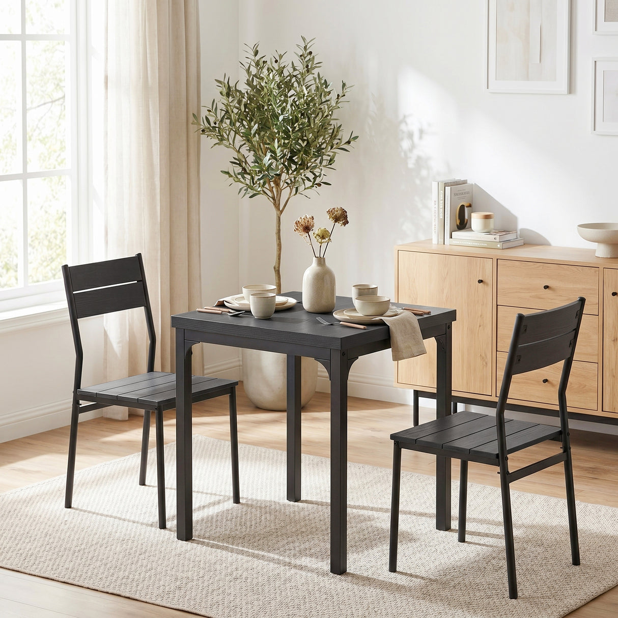 Wooden Dining Table 60cm Wide Square With 2 Chairs - Velmora