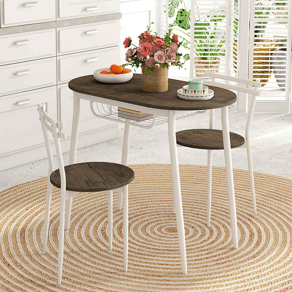 Wooden Dining Table 90cm Wide Rectangular With 2 Chairs And White Steel Frame - Velmora