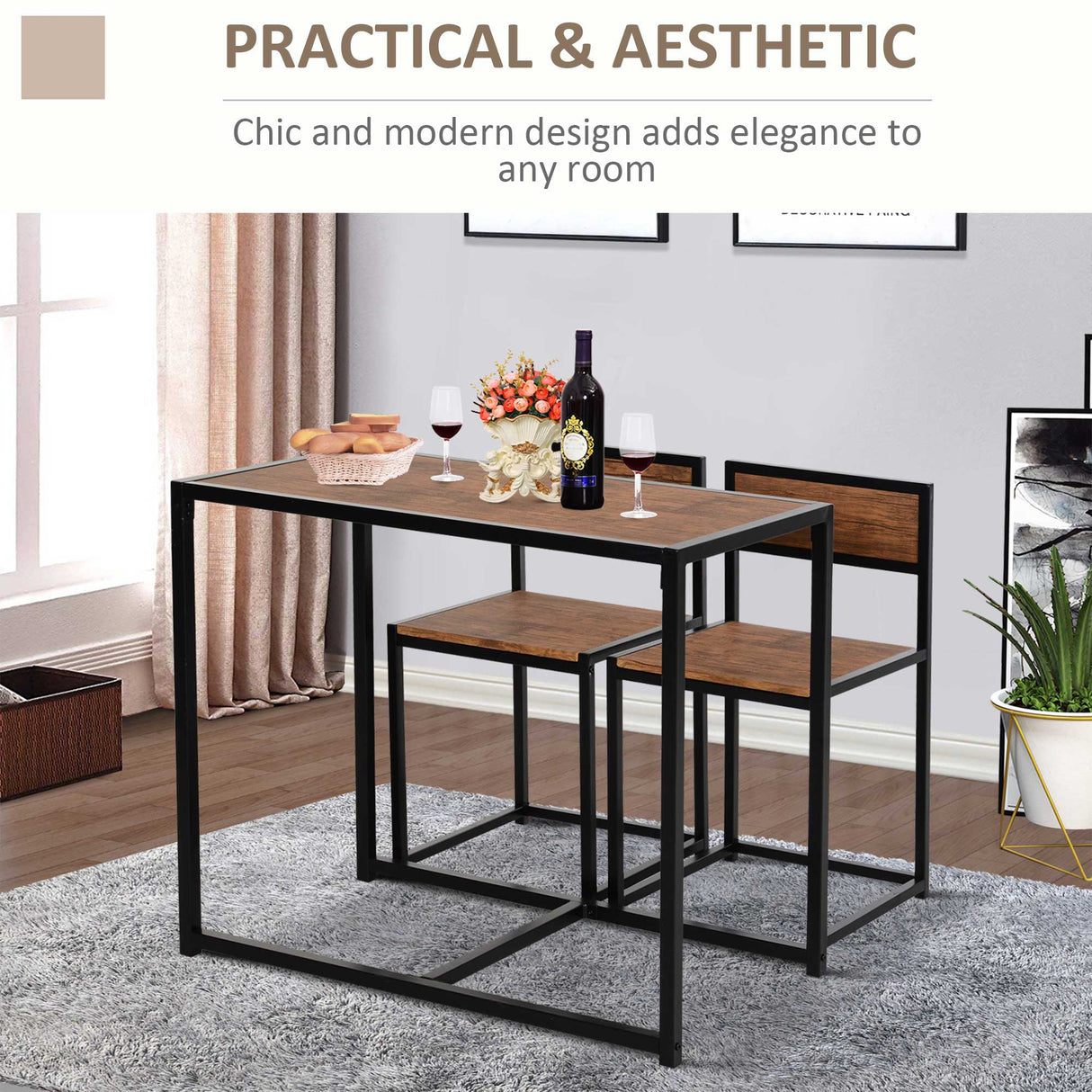 Wooden Dining Table 90cm Wide Rectangular With 2 Chairs - Velmora
