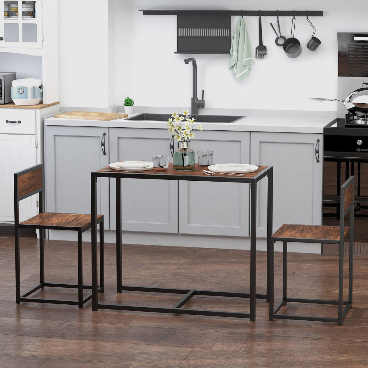 Wooden Dining Table 90cm Wide Rectangular With 2 Chairs - Velmora