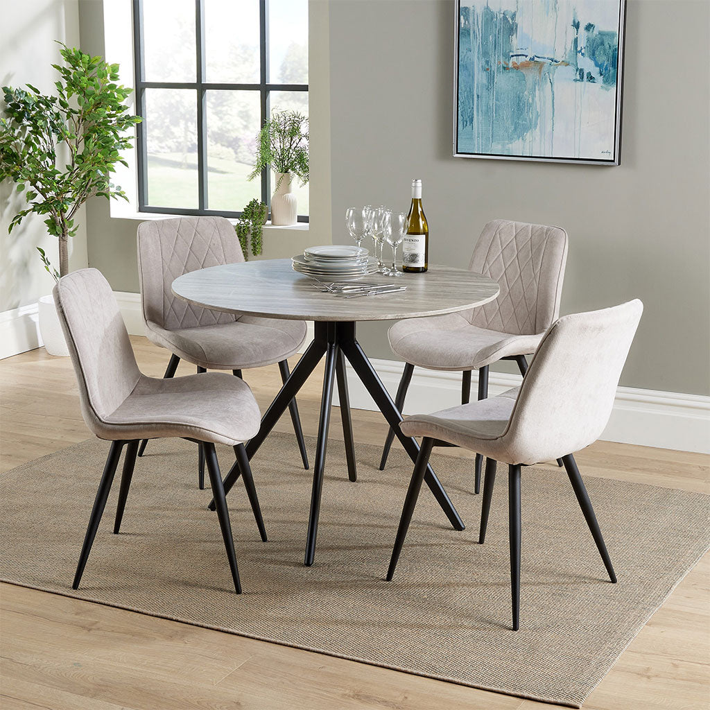Wooden Dining Table in Grey Sonoma Oak Round With 4 Diamond Stitch Chairs - Aspen