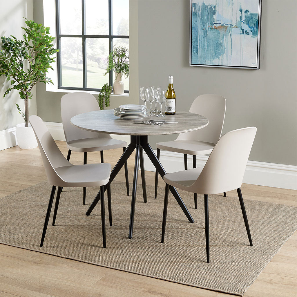 Wooden Dining Table in Grey Sonoma Oak Round With 4 Duo Chairs - Aspen
