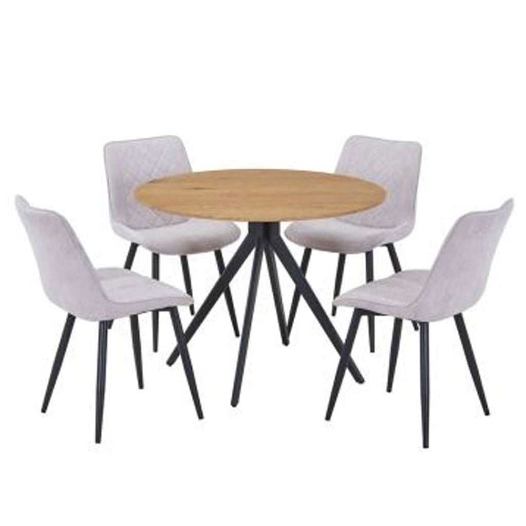 Wooden Dining Table in Light Oak Round With 4 Diamond Stitch Chairs - Aspen