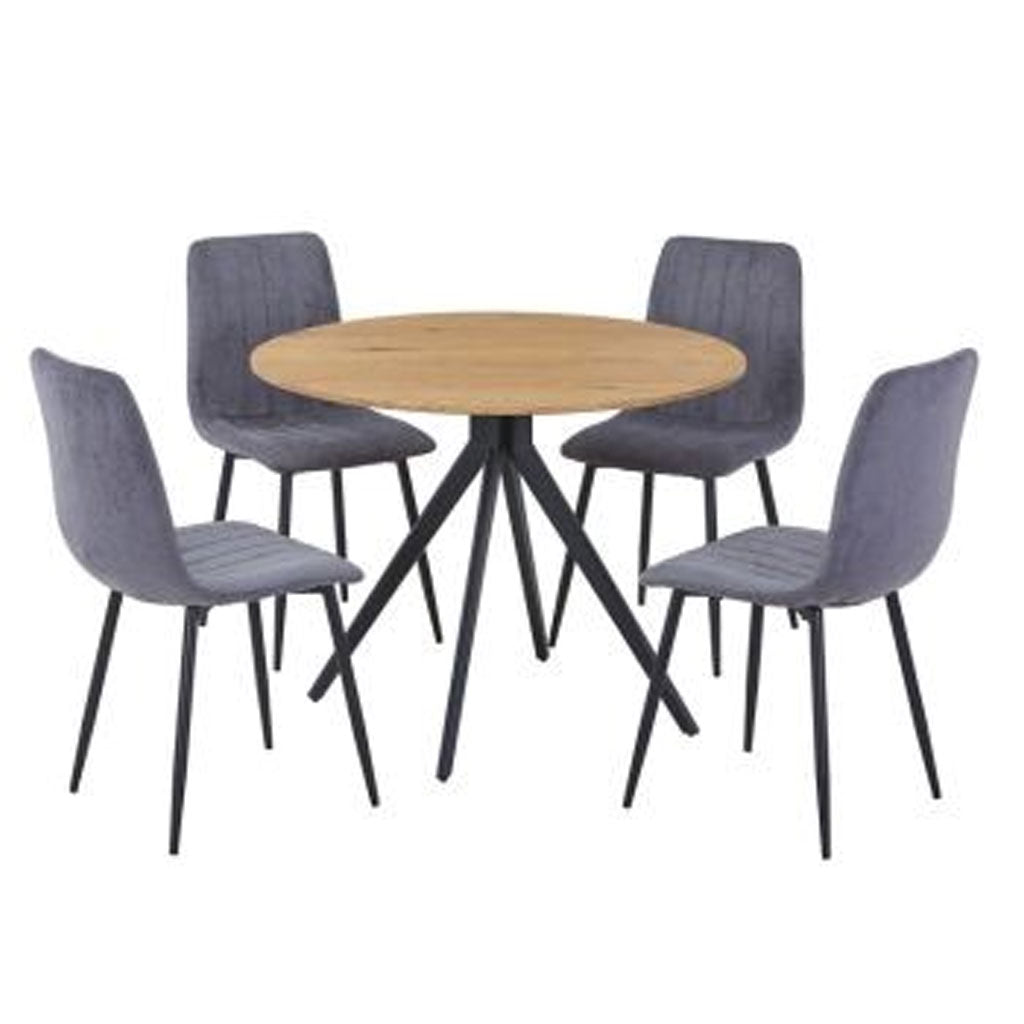 Wooden Dining Table in Light Oak Round With 4 Straight Stitch Chairs - Aspen