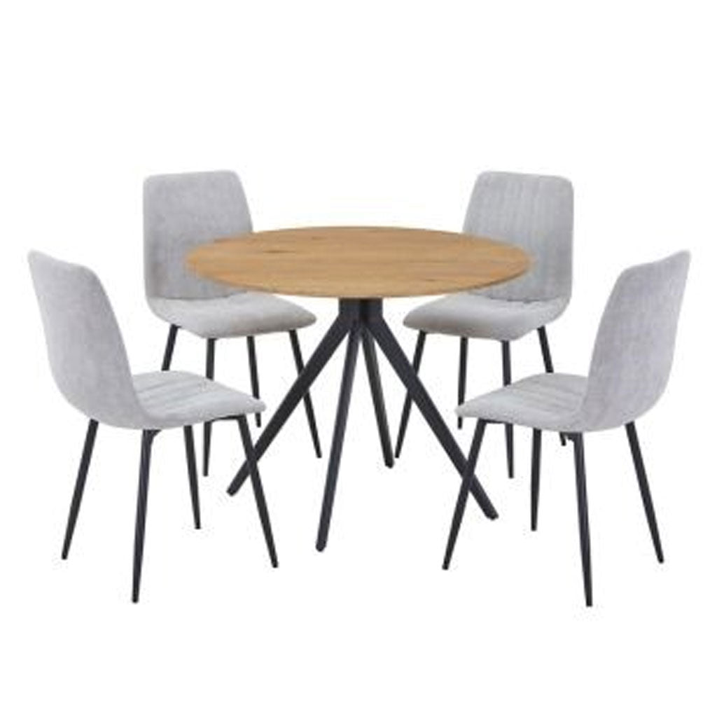 Wooden Dining Table in Light Oak Round With 4 Straight Stitch Chairs - Aspen