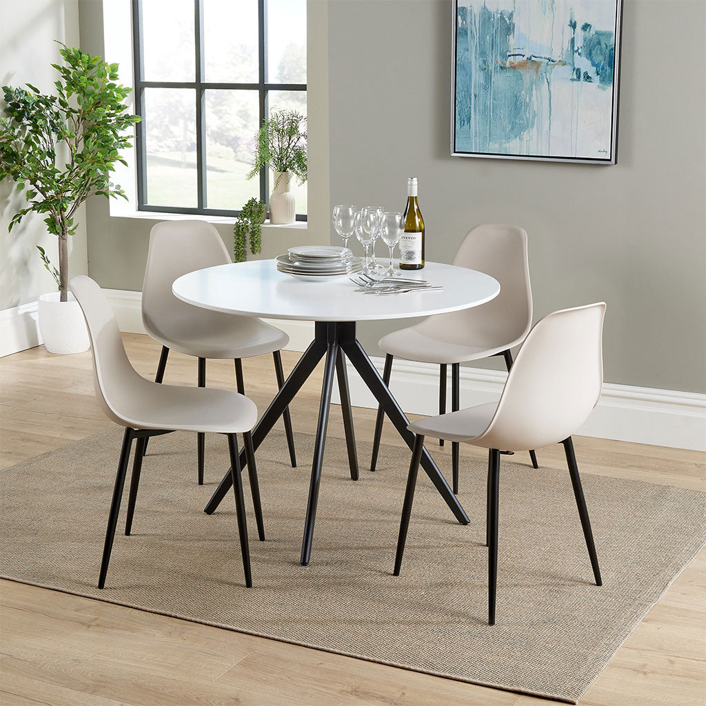 Wooden Dining Table in White Round With 4 Curve Chairs - Aspen