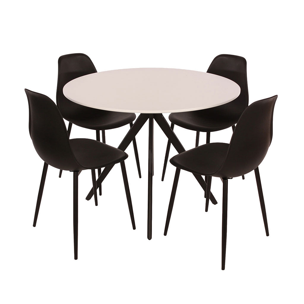 Wooden Dining Table in White Round With 4 Curve Chairs - Aspen