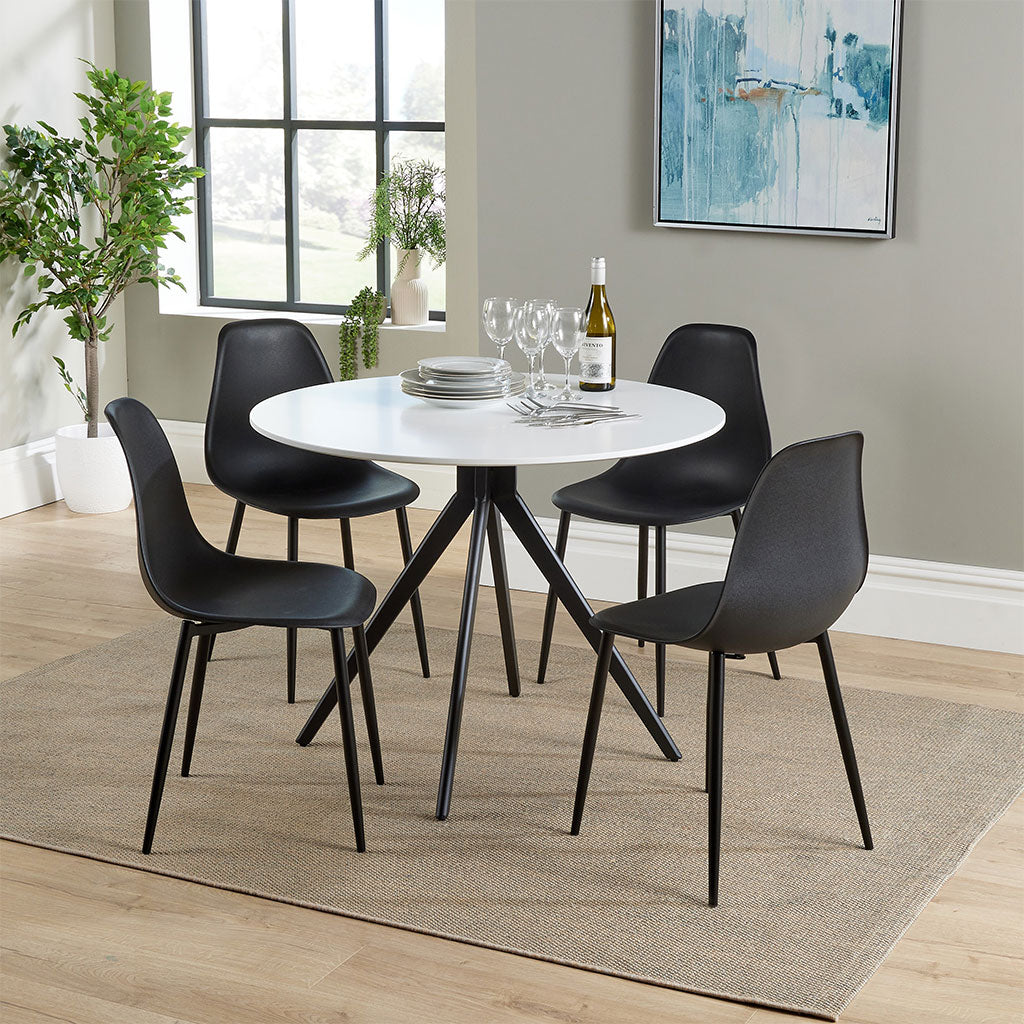 Wooden Dining Table in White Round With 4 Curve Chairs - Aspen