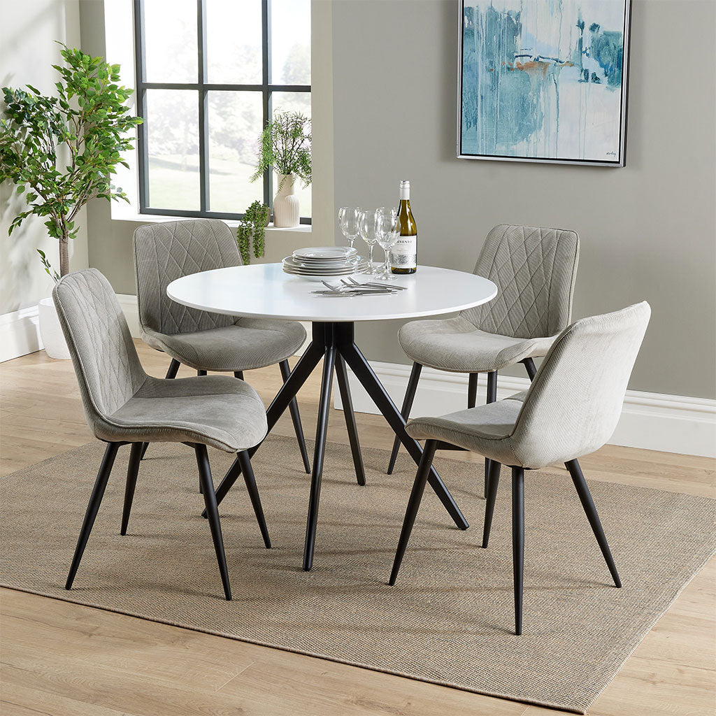 Wooden Dining Table in White Round With 4 Diamond Stitch Chairs - Aspen