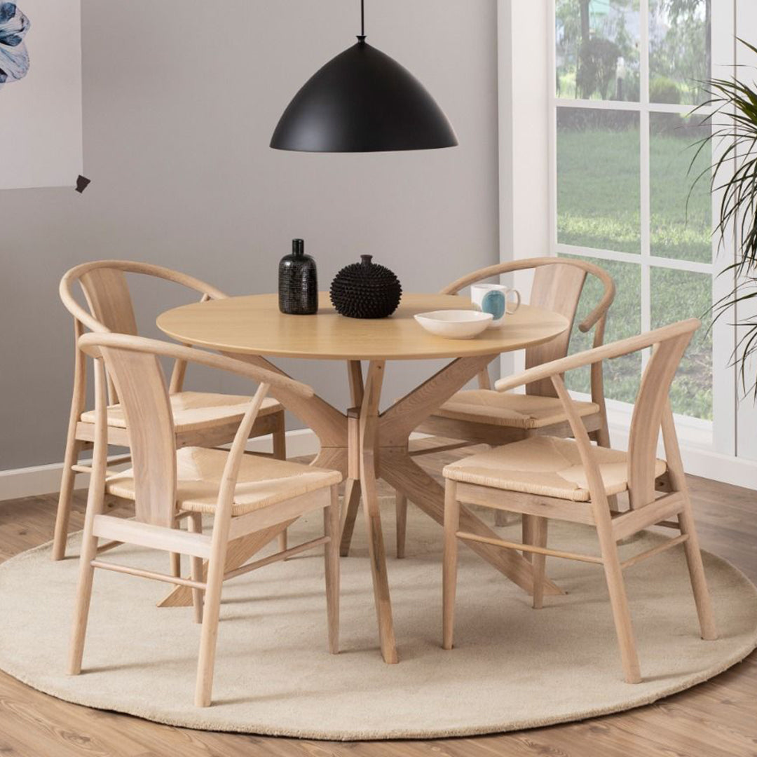 Wooden Dining Table Round With 4 Cassandra White Oak Dining Chairs