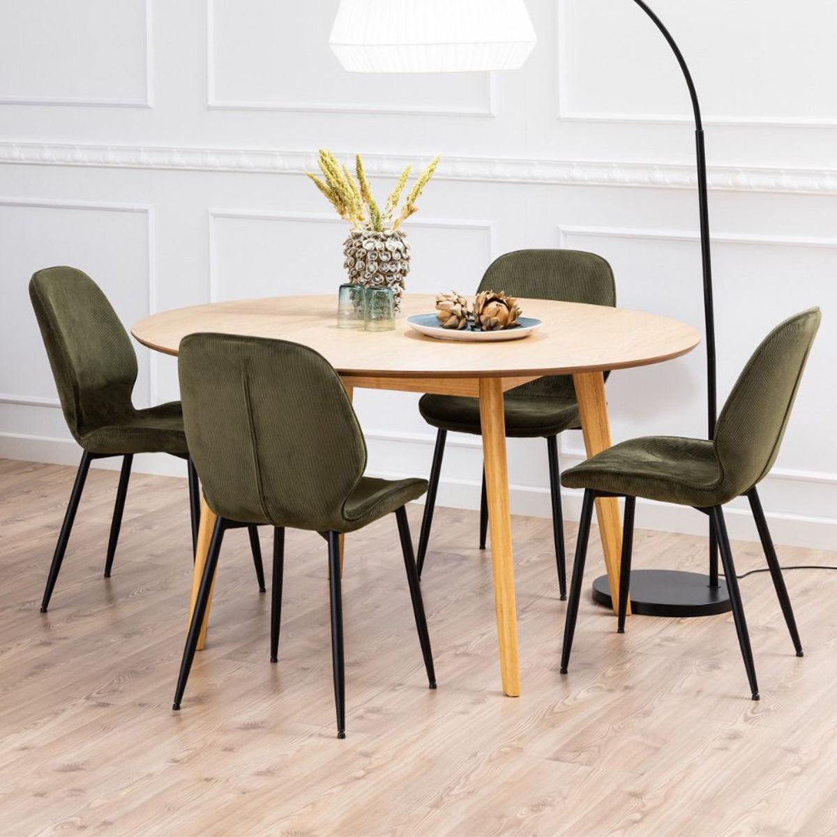 Wooden Dining Table Round With 4 Femke Olive Green Dining Chairs - Nagano