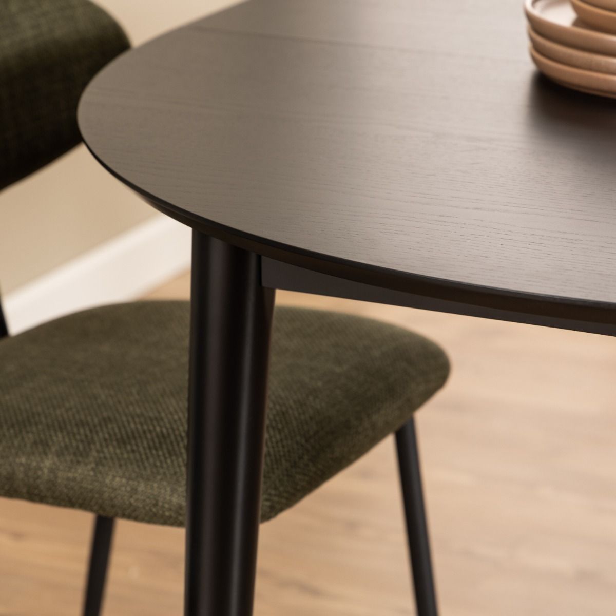 Wooden Dining Table Round Extending With 4 Cassandra Black Dining Chairs - Montreux