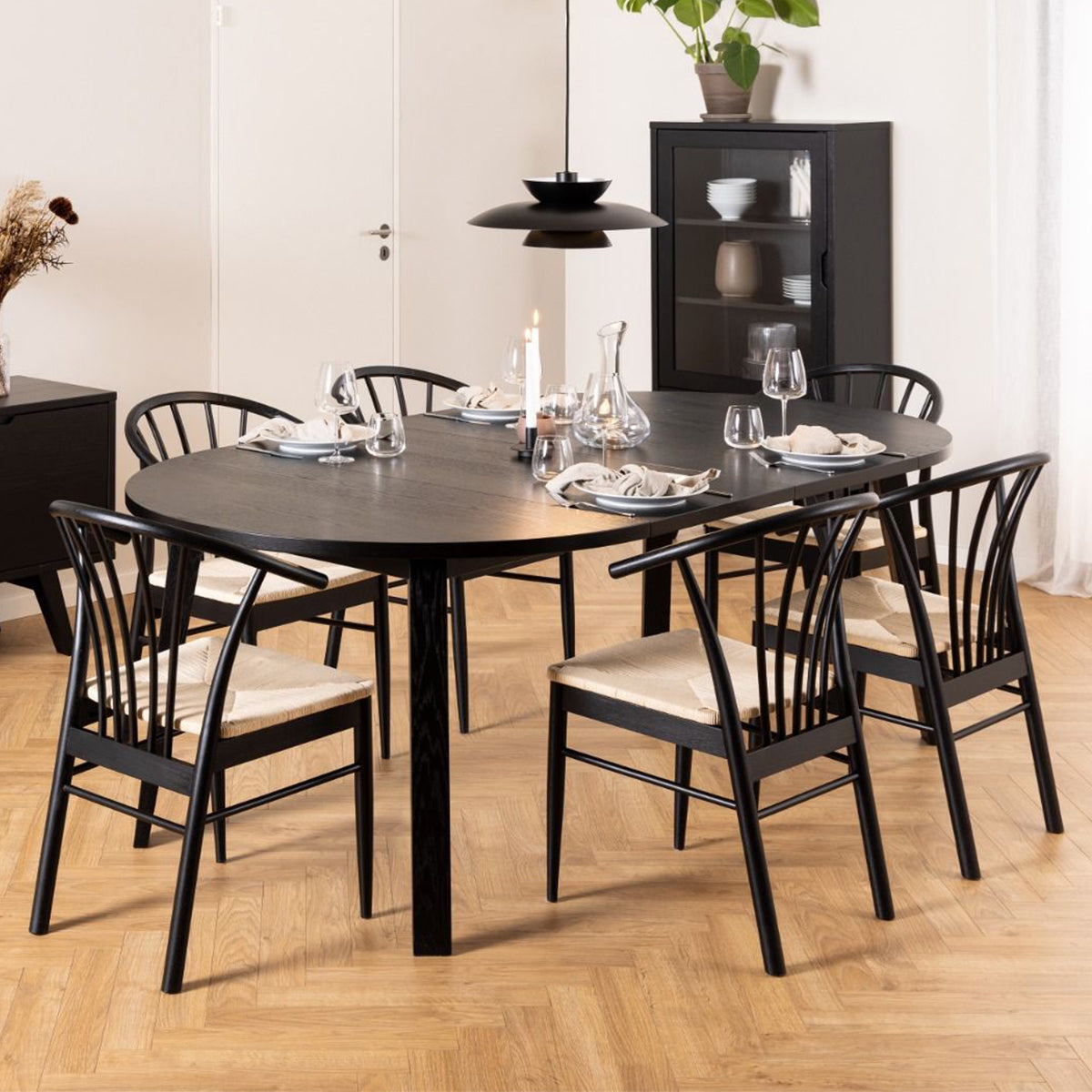 Wooden Dining Table Round Extending With 6 Cassandra Black Dining Chairs - Montreux