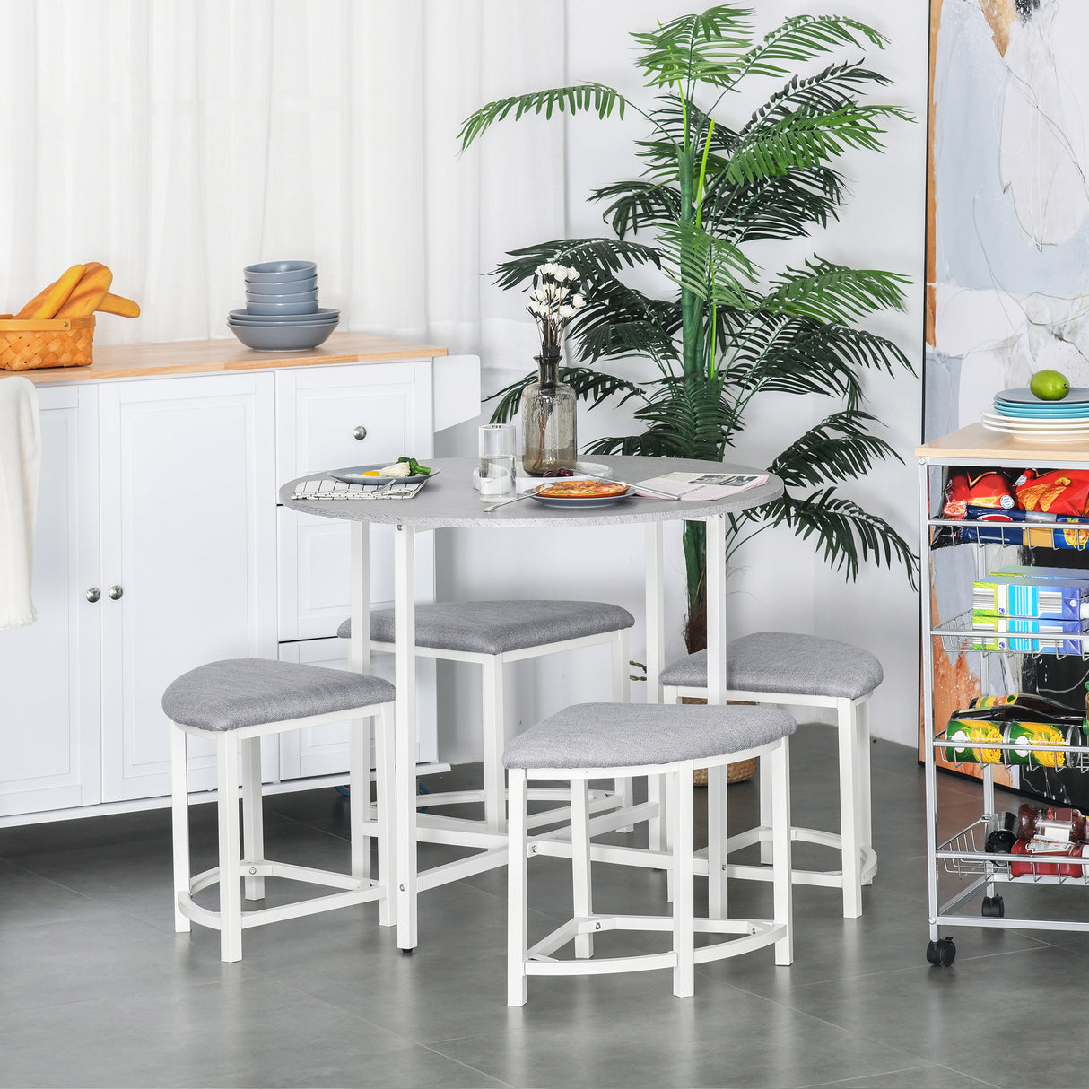 Wooden Dining Table Round With 4 Upholstered Stools - Velmora