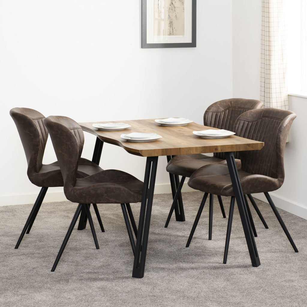 Wooden Dining Table Wave Edge With 4 Brown Dining Chairs - Quebec