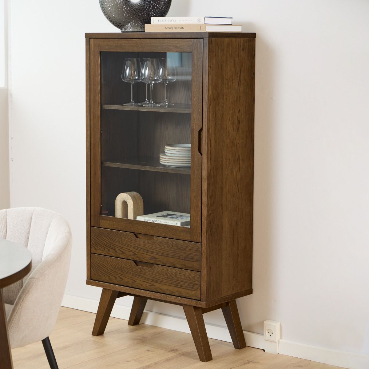 Wooden Display Cabinet With 1 Glass Door And 2 Drawers - A-Line