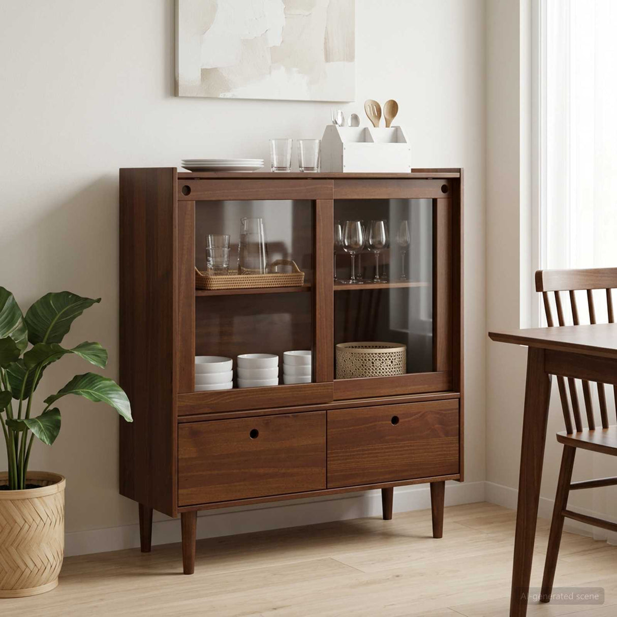 Wooden Display Cabinet 104cm Wide With 2 Sliding Doors And 2 Drawers - Bilbao