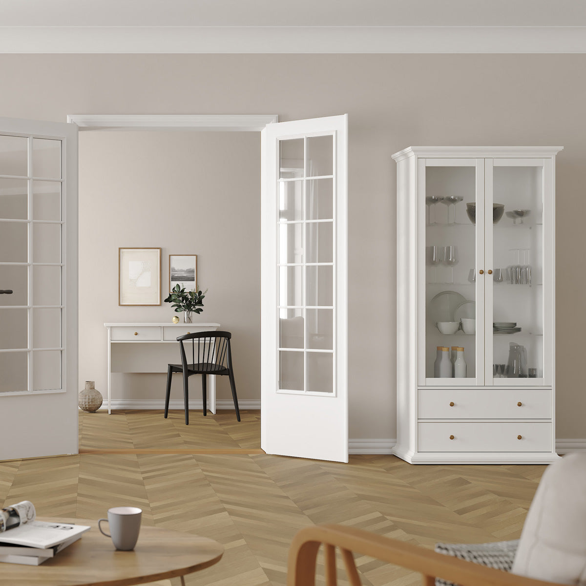 Wooden Display Cabinet With 2 Glass Doors With 2 Drawers - Paris