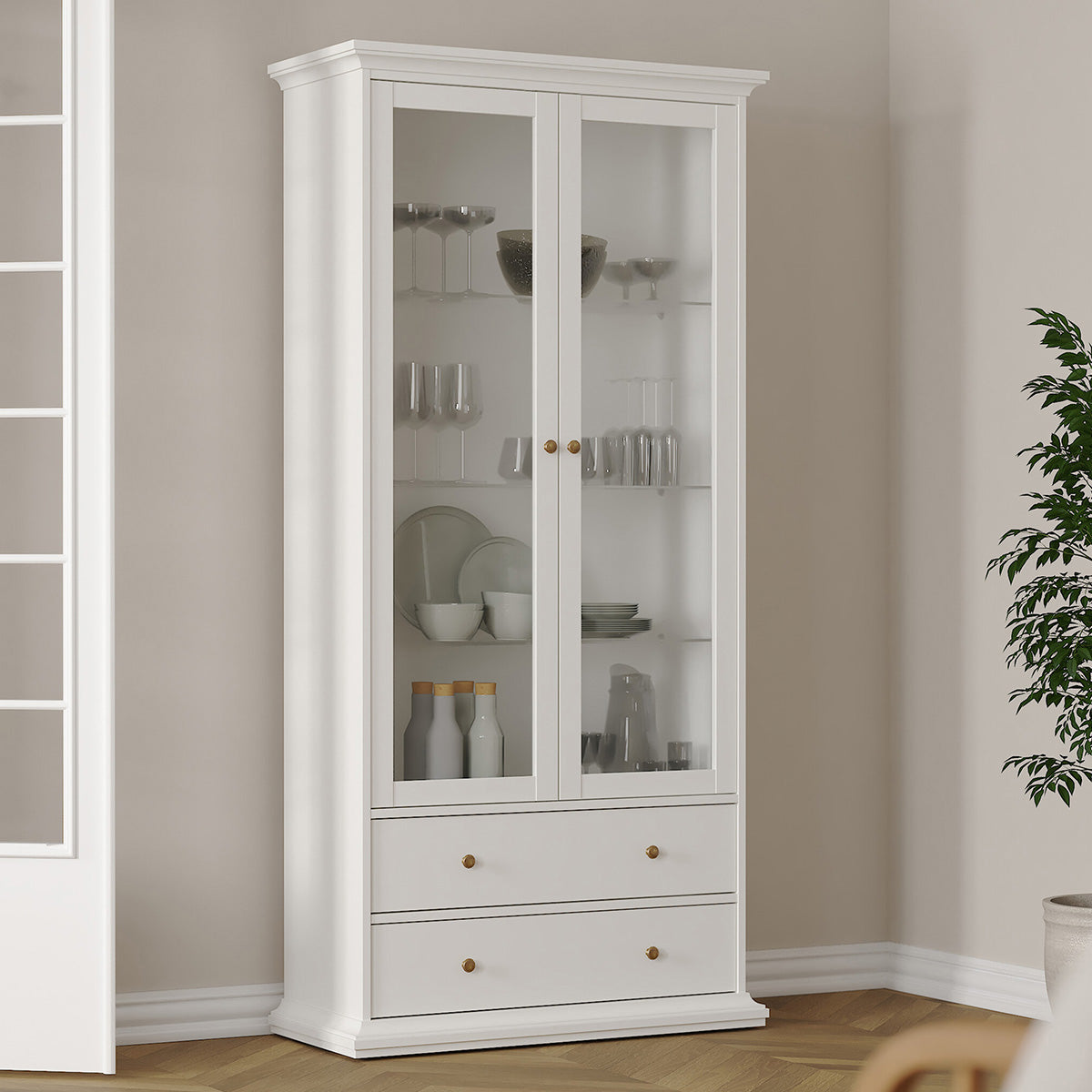 Wooden Display Cabinet With 2 Glass Doors With 2 Drawers - Paris