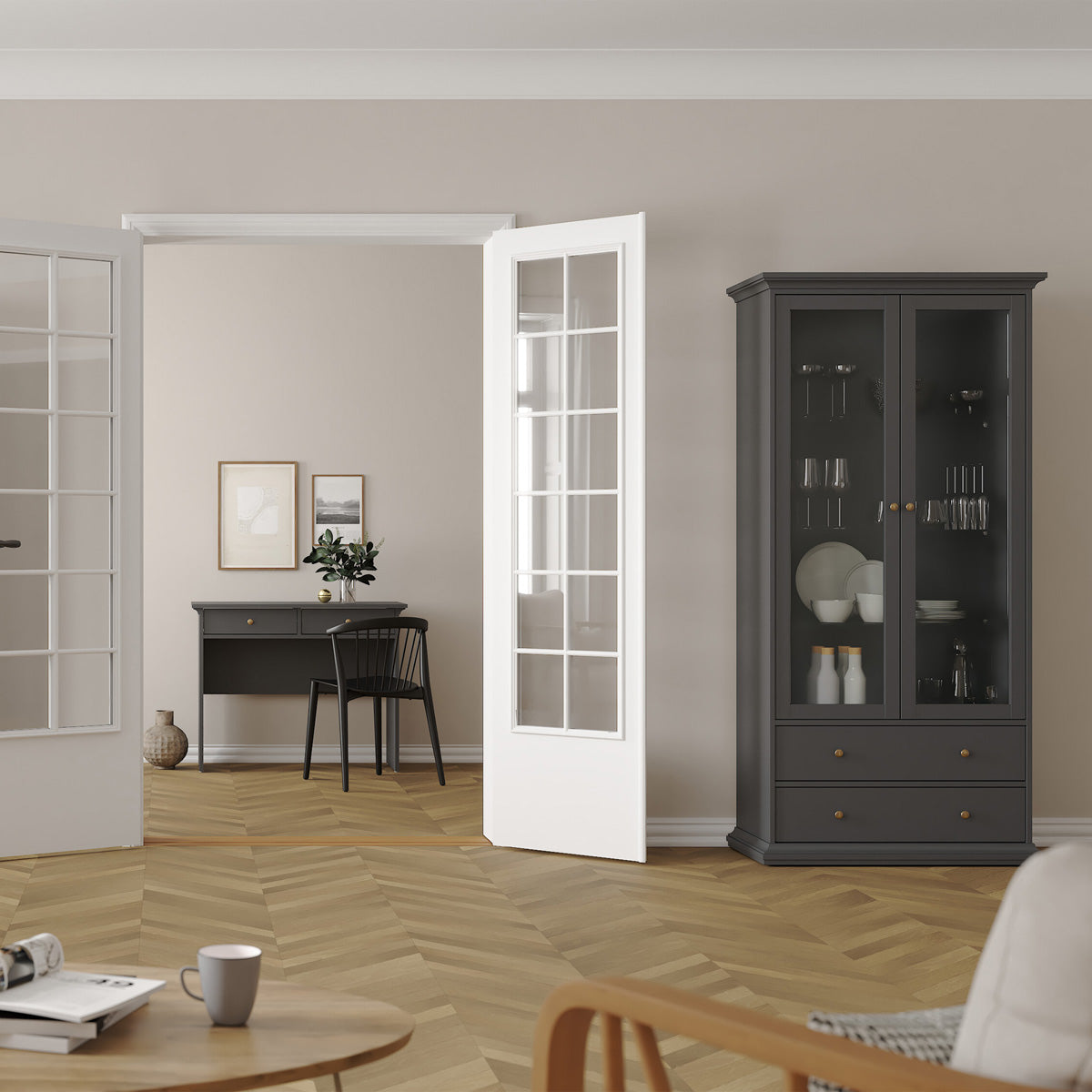 Wooden Display Cabinet With 2 Glass Doors With 2 Drawers - Paris