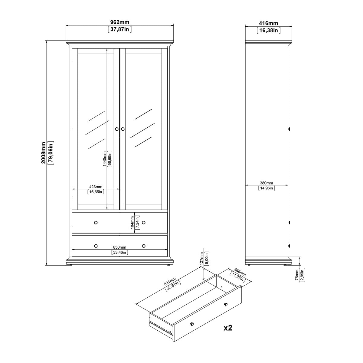 Wooden Display Cabinet With 2 Glass Doors With 2 Drawers - Paris