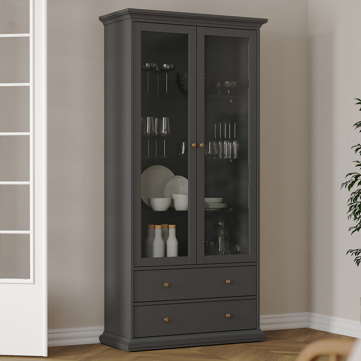 Wooden Display Cabinet With 2 Glass Doors With 2 Drawers - Paris